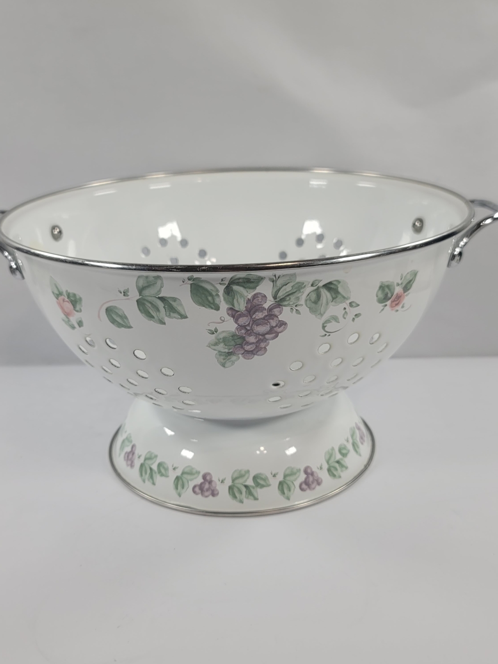 Vintage White Enamel Footted Colander Strainer Grape And Vine Handles